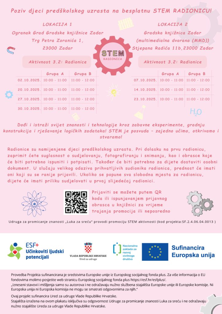 Tijekom listopada u Gradskoj knjižnici Zadar održavat će se STEM radionice za djecu predškolske dobi.